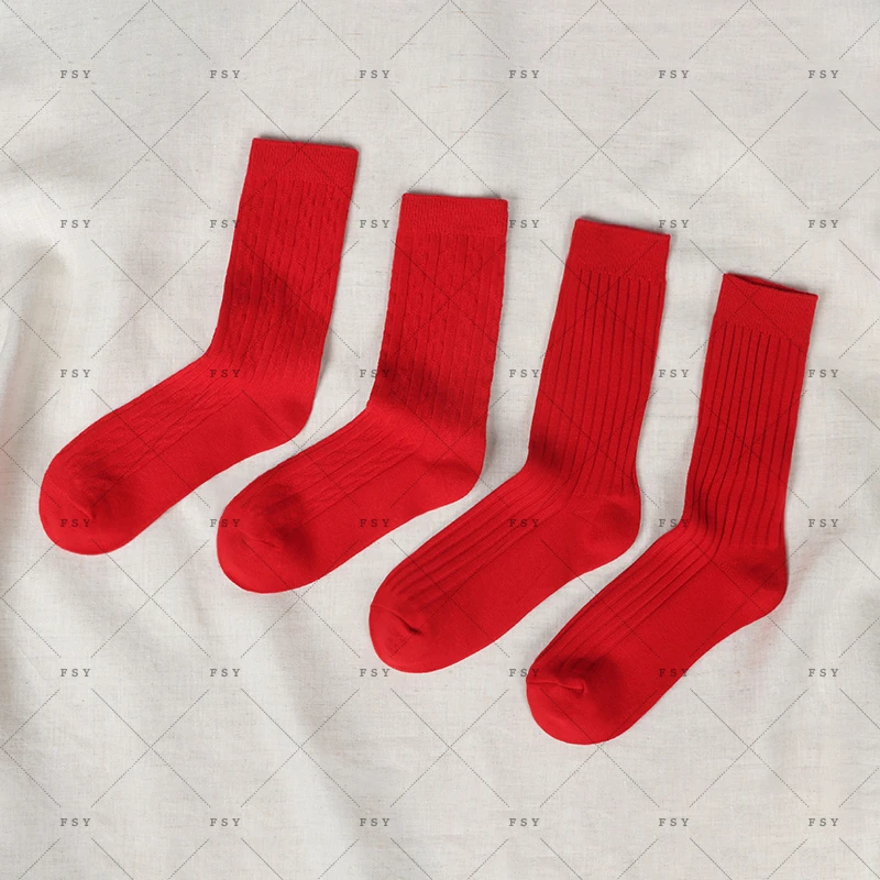 新年红袜子两双装棉袜中筒袜透气舒适袜子时尚休闲