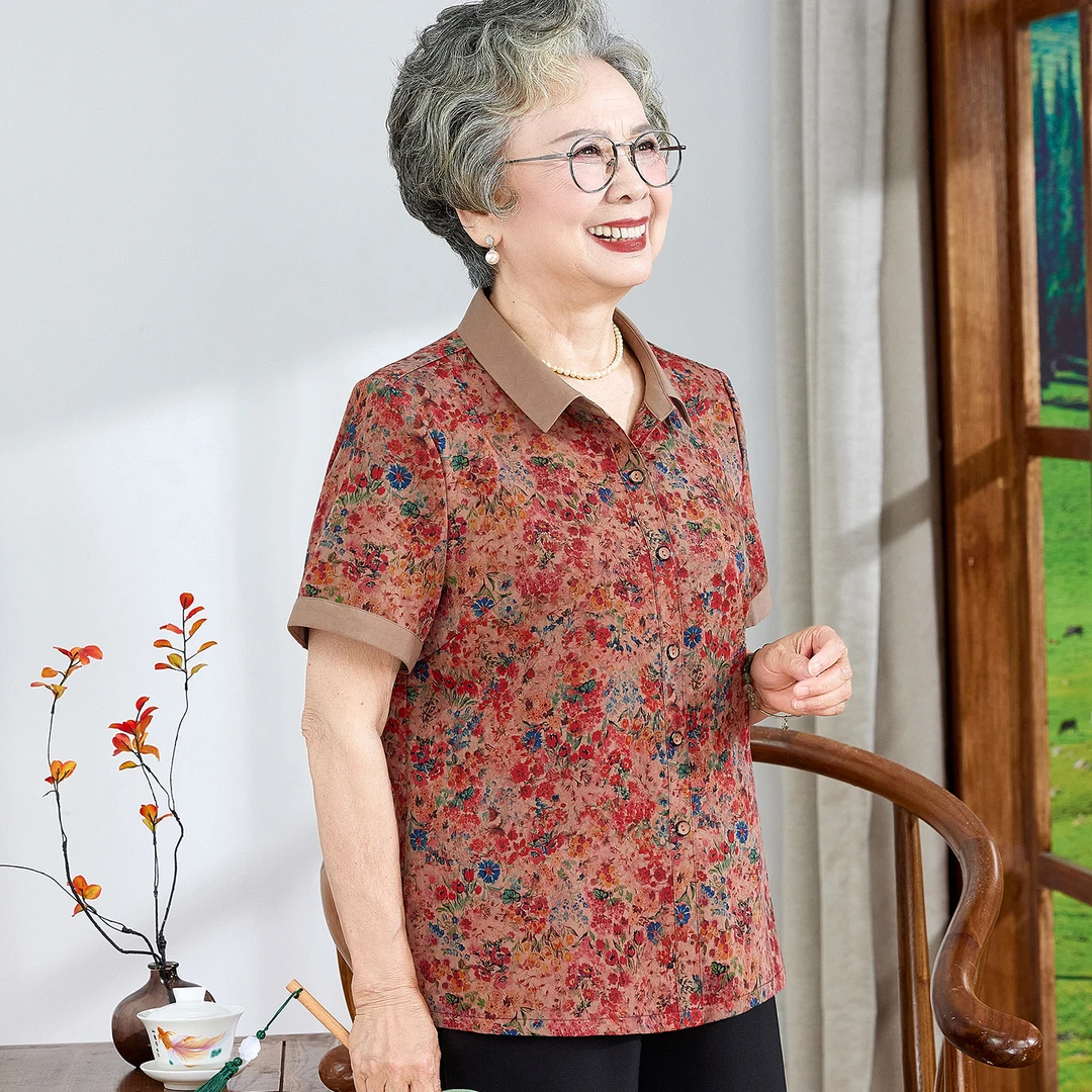 奶奶夏装短袖开衫老年人妈妈夏季唐装衬衣60-70-80岁老太太衣服女
