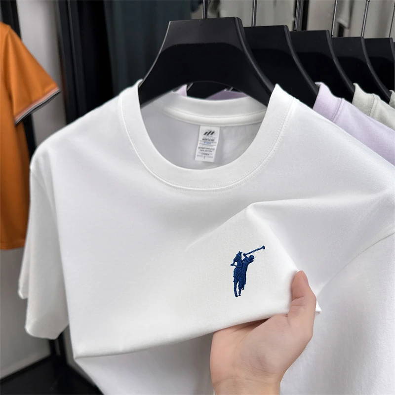 重磅100%纯棉男士圆领短袖T恤潮流刺绣小马标休闲时尚百搭汗衫男