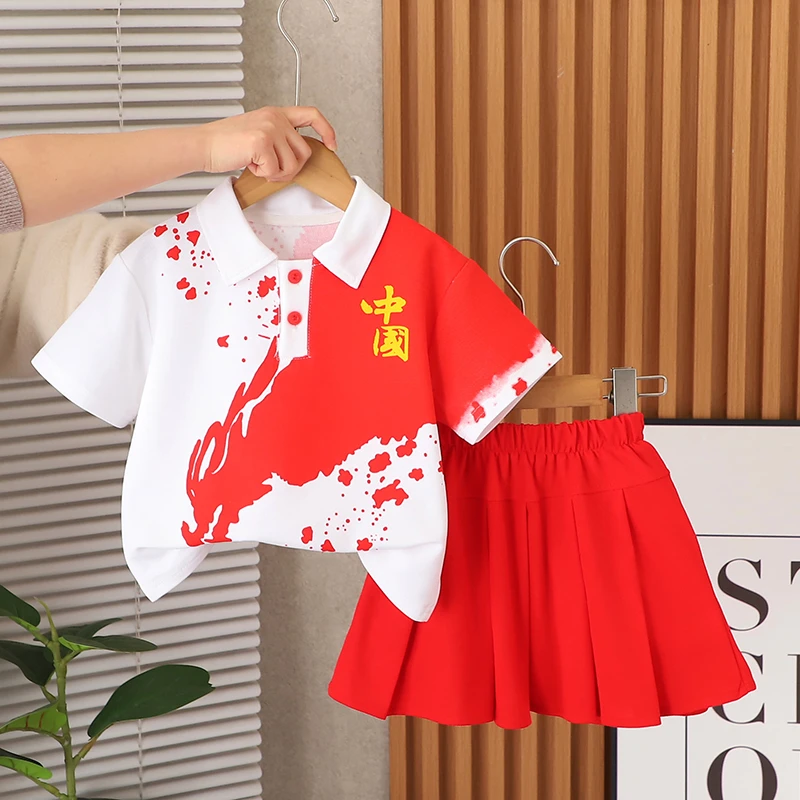儿童中性男女童装夏季运动套装女童中大童翻领洋气t恤宝宝中国风