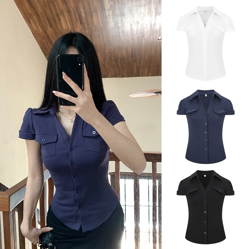 Moses Queen/魔西女王韩系掐腰修身显瘦短袖口袋收腰气质辣妹衬衫