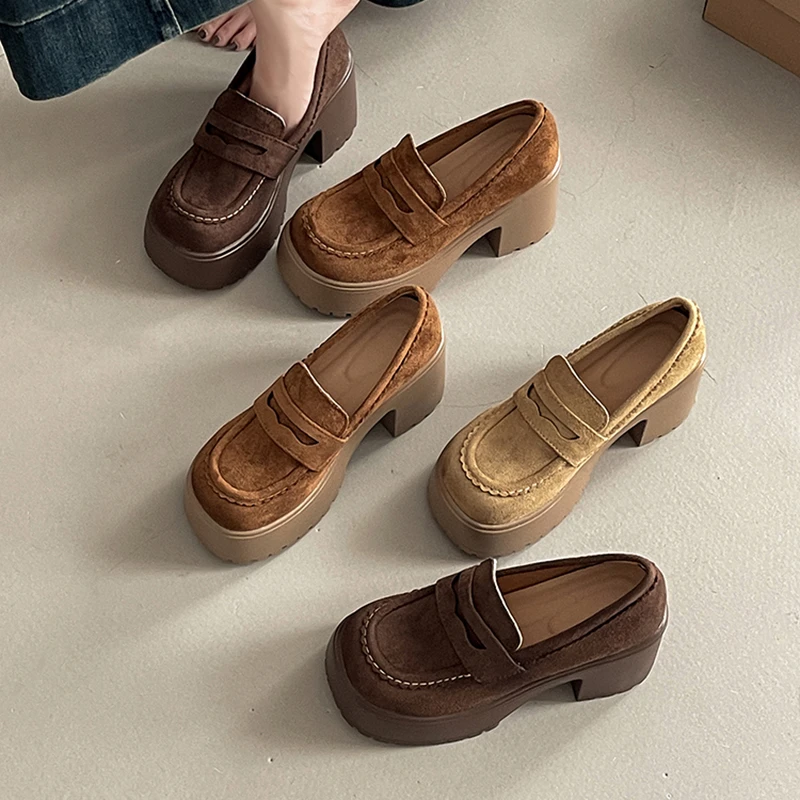 OJRZ复古方头设计感气质厚底乐福鞋女2025秋季粗跟简约单鞋女女鞋