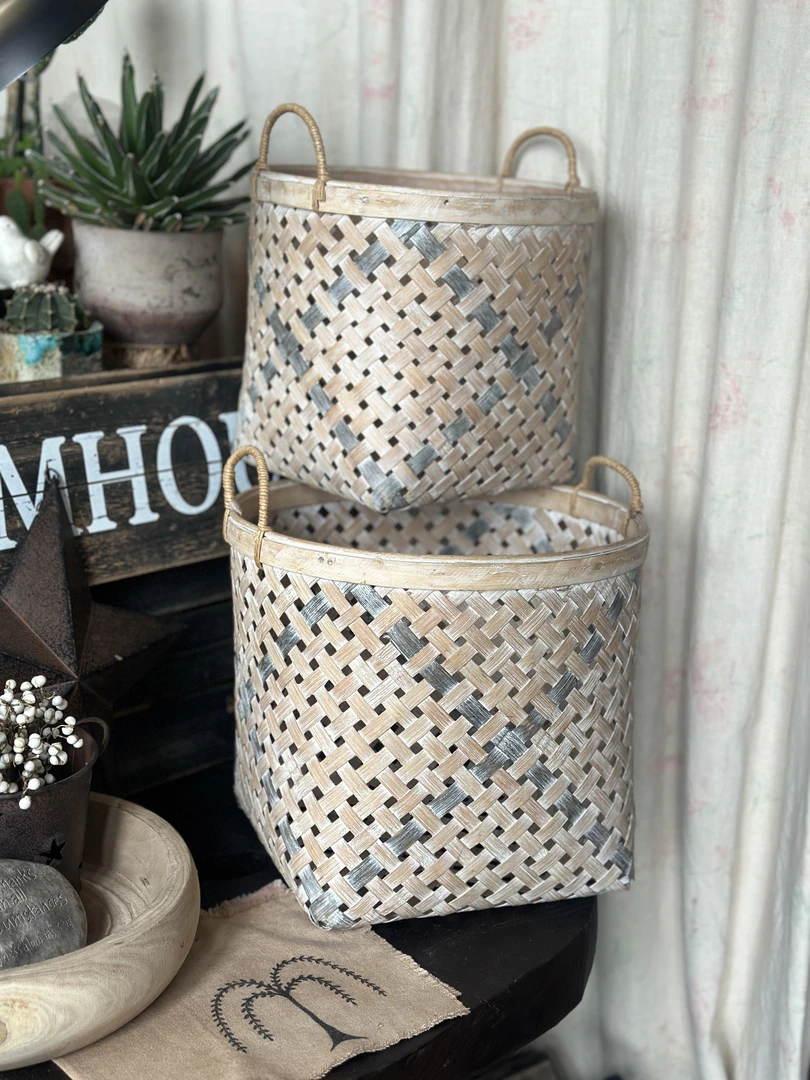 美式乡村双色做旧竹编篮收纳筐家居摆件（大号底部瑕疵）大号小号