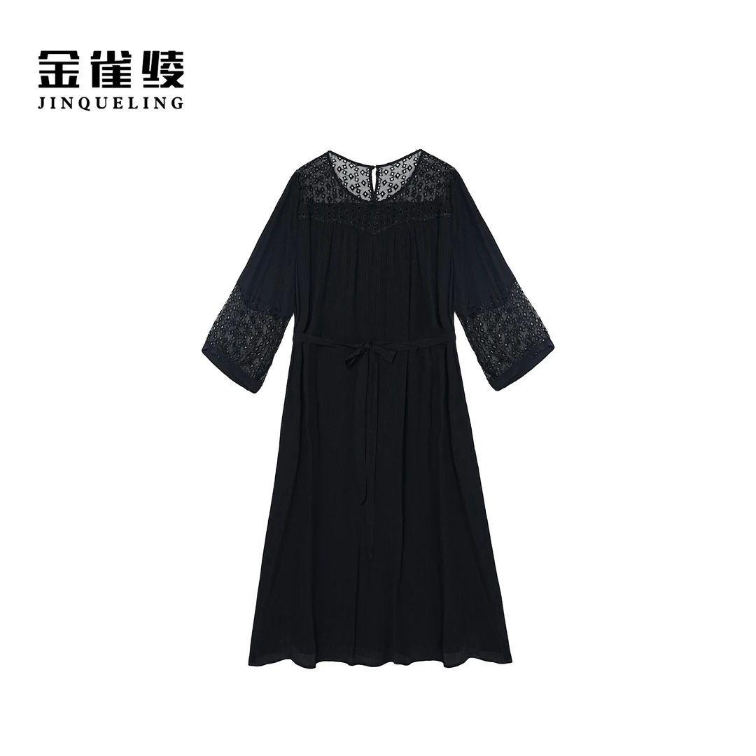 金雀绫【夜阑珊】100桑蚕丝镂空工艺优雅气质大码连衣裙SZA1L287