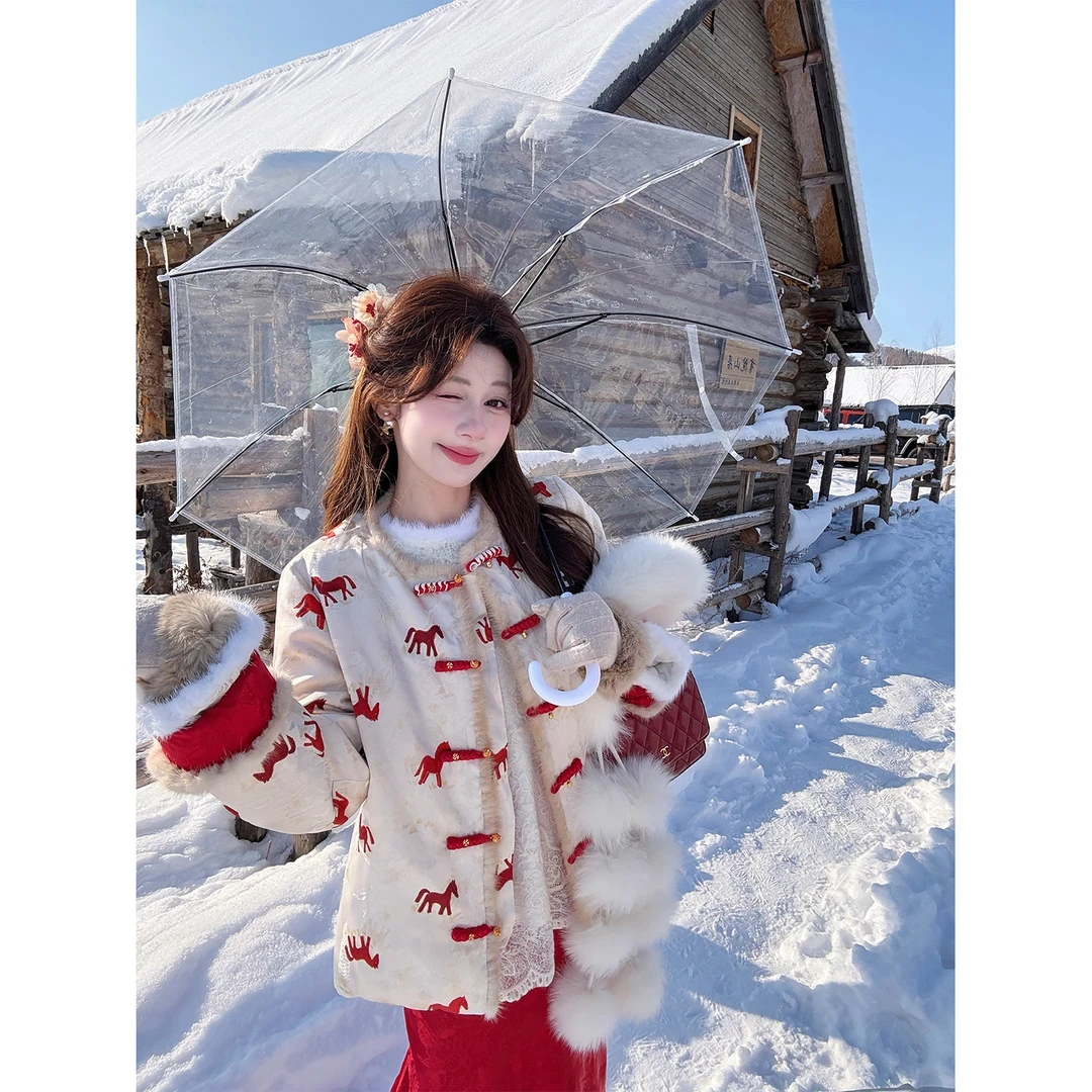 马年战袍新中式棉服国风轻奢女士冬季新款女神范时髦双面穿棉衣