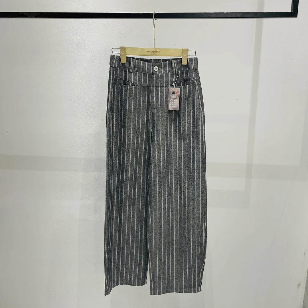 【麦丝】小众设计感百搭宽松显瘦高腰直筒条纹休闲裤 MZ-83215