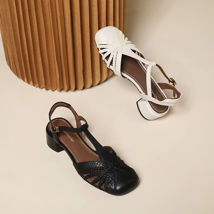 俏蔓莲~4.5cm复古罗马头层牛皮编织镂空包头后绊带夏季粗跟凉鞋女