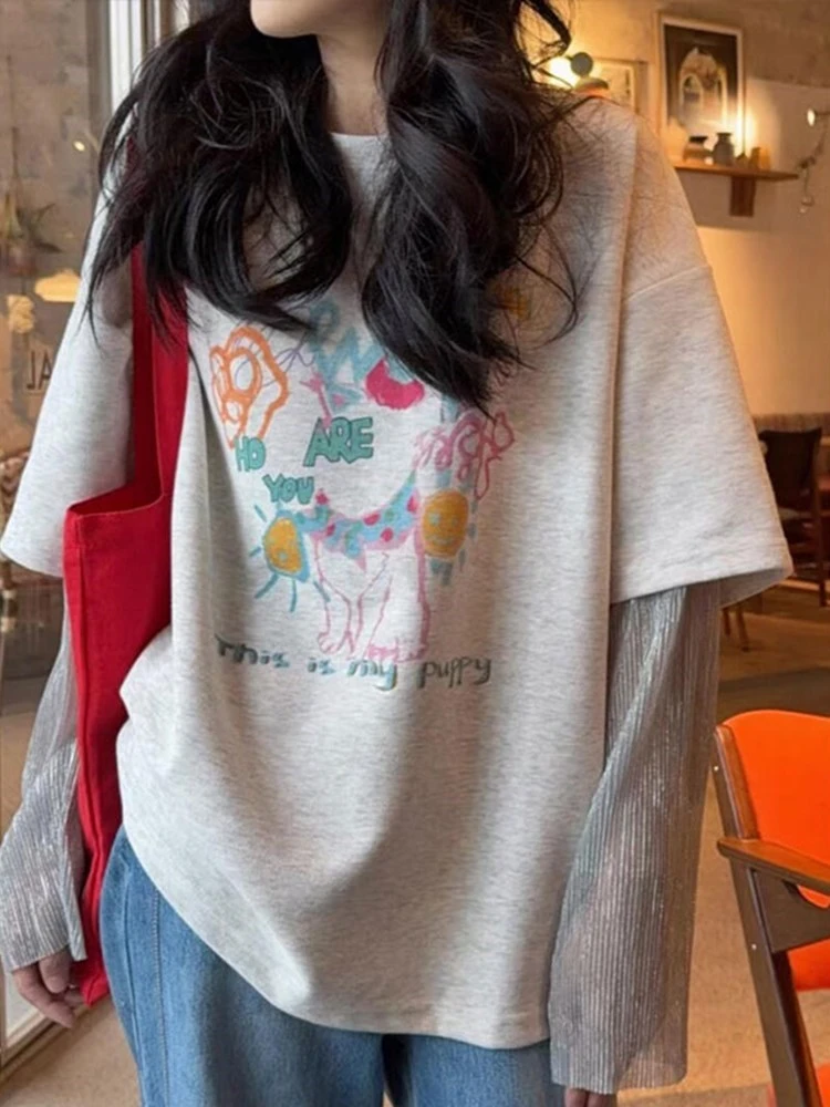 2025夏季复古圆领显瘦上衣女宽松舒适百搭图案印花假两件灰色T恤