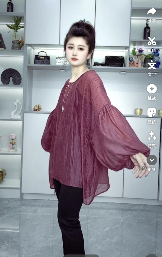 夏季宽松灯笼袖防晒衫圆领设计感显瘦上衣女装