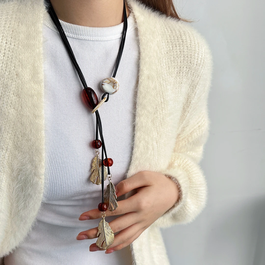 非金属皮质项链 X5586-1时尚气质复古百搭民族风金属叶子长款项链