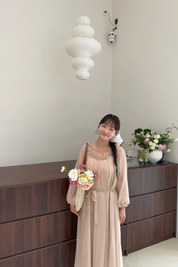 豆金金的店/花朵领肉桂粉仙女裙长款连衣裙