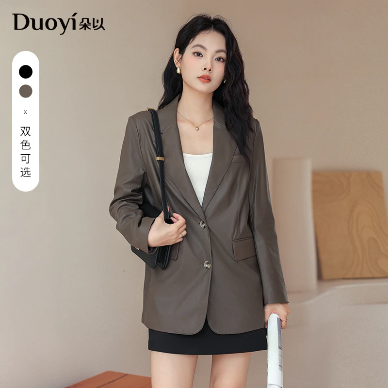 朵以2025秋季新款酷飒帅气中性港风复古PU皮衣西装外套39DQ431168