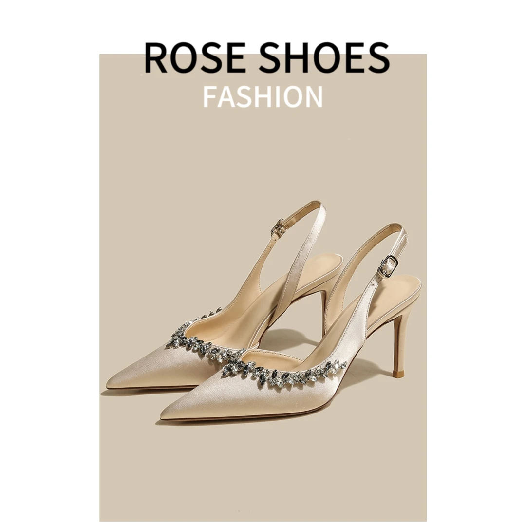 【ROSE正品】8cm包头凉鞋女2025新款仙女细跟水钻法式气质女士