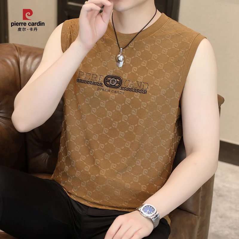 皮尔卡丹夏季新款男士休闲冰丝提花无袖T恤时尚圆领百搭薄款背心