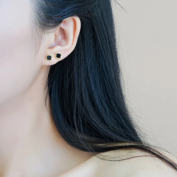 铜合金耳饰 1号链接耳环（两对装）925银针黑金撞色方块耳钉