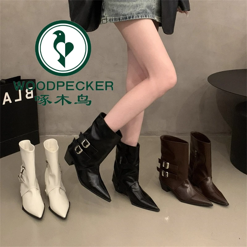 啄木鸟小众复古皮带扣裤管靴女秋2025新款英伦风高跟尖头时装短靴