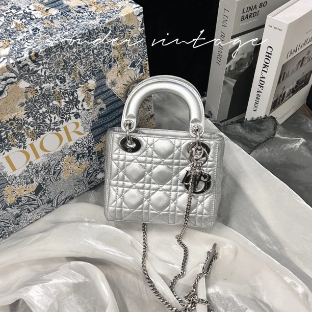 95新 DIOR/迪奥 dior三格银色戴妃包