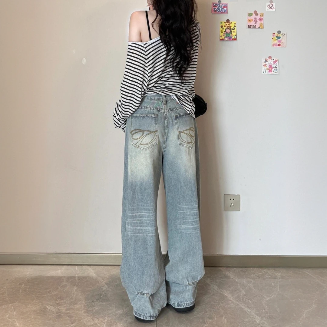 大码美式高街加长版阔腿牛仔裤女设计感宽松百搭高腰香蕉拖地长裤