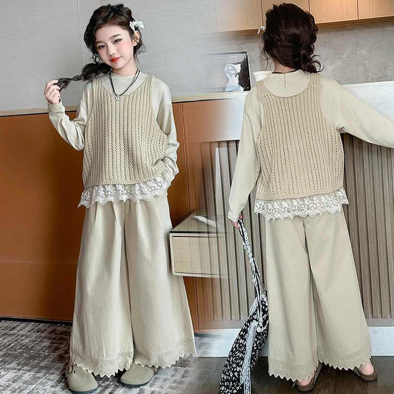 女童春秋分体套装儿童服装新款洋气秋季小女孩上衣阔腿裤三件套潮