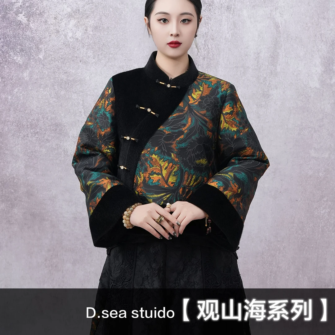 【大海轻奢】BF32782莲花万针刺绣新中式拼丝绒不规则拼接棉服