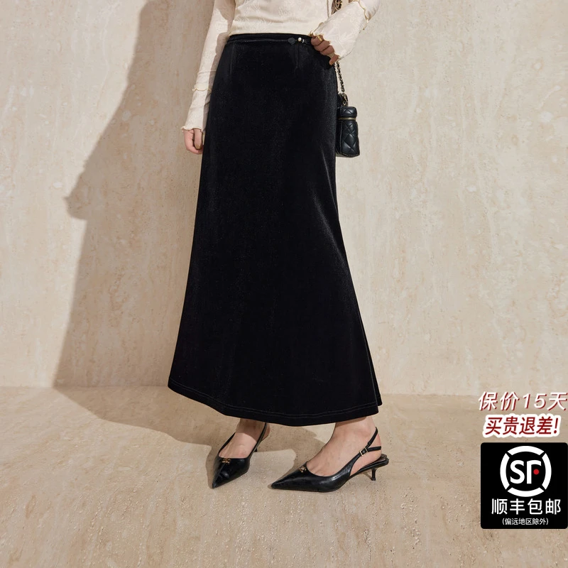 蓝语大码女装2025秋冬季常规款优雅女金丝高腰百褶裙半身裙复古