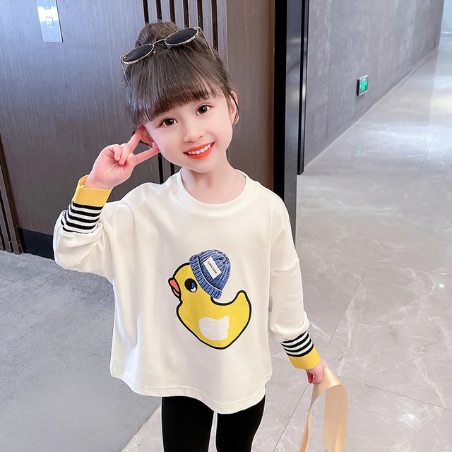 左西正品女童鸭子T恤春秋2025新款洋气儿童纯棉打底衫长袖女宝宝