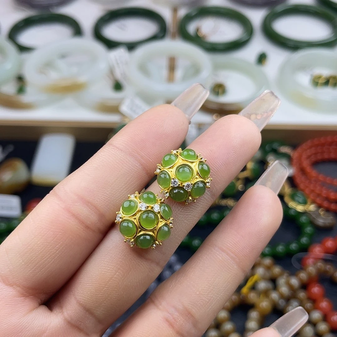 和田玉耳饰银S925镶嵌