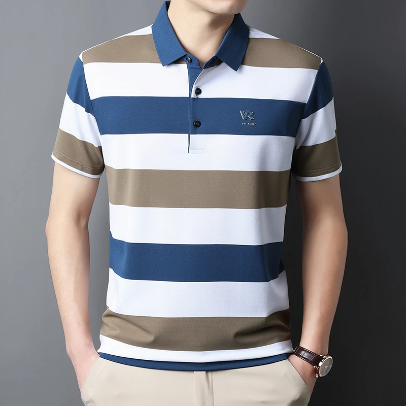 男士薄款翻领夏季男短袖Polo衫中年潮流休闲条纹半袖上衣中青年