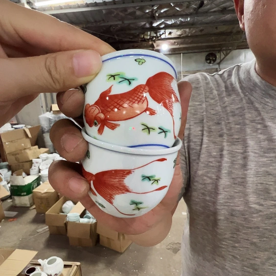 瓷片景德镇陶瓷金鱼主人杯2只