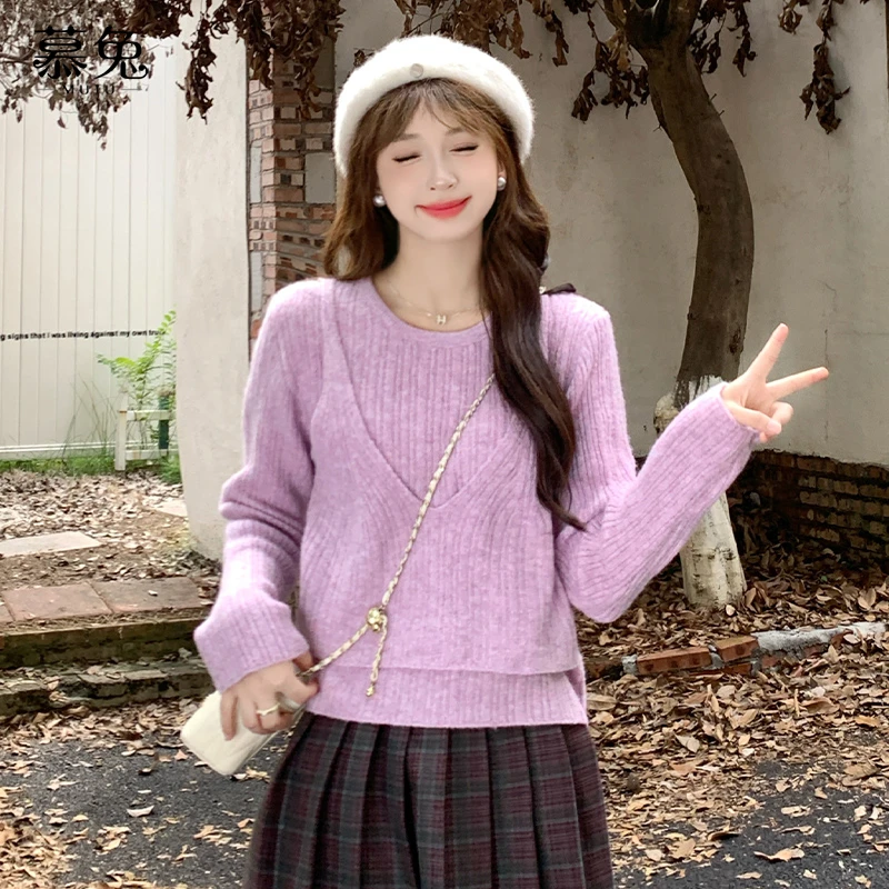 慕兔法式假两件吊带毛衣女2024新款秋季设计感小众短款针织衫上衣