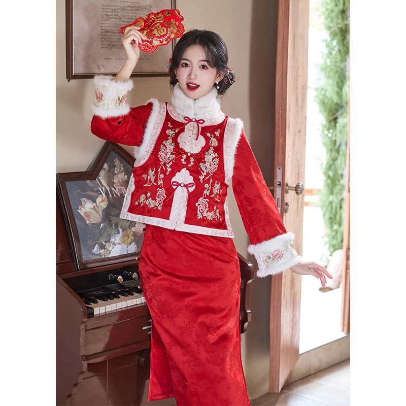 花开富贵 | 冬季旗袍2025新中式新年结婚订婚敬酒服红色马甲拜年