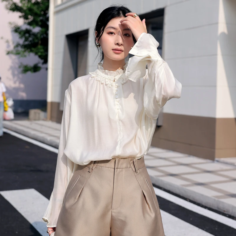 荷叶边立领长袖衬衫女2025春秋新款小香风时尚气质上衣衬衣