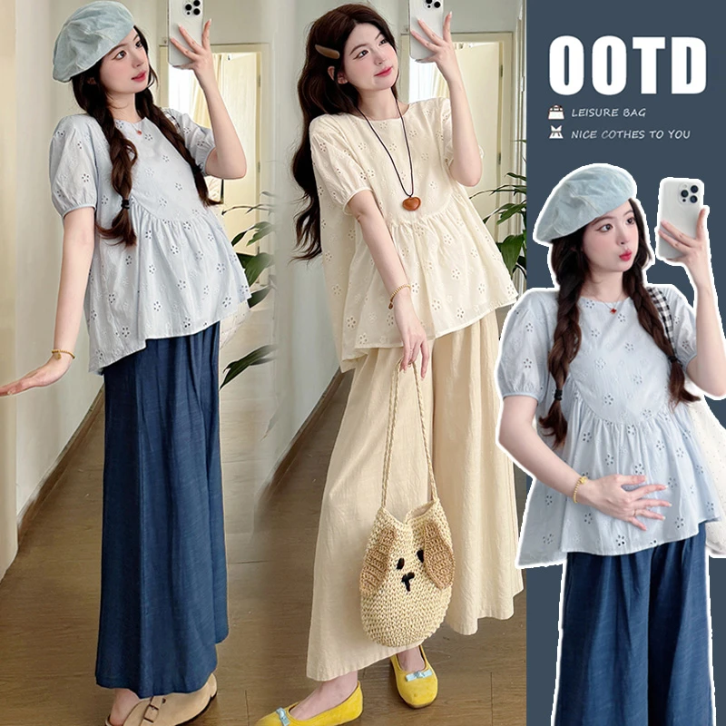 孕美孕妇装上衣韩版气质圆领短袖娃娃衫洋气宽松显瘦辣妈外穿衬衫