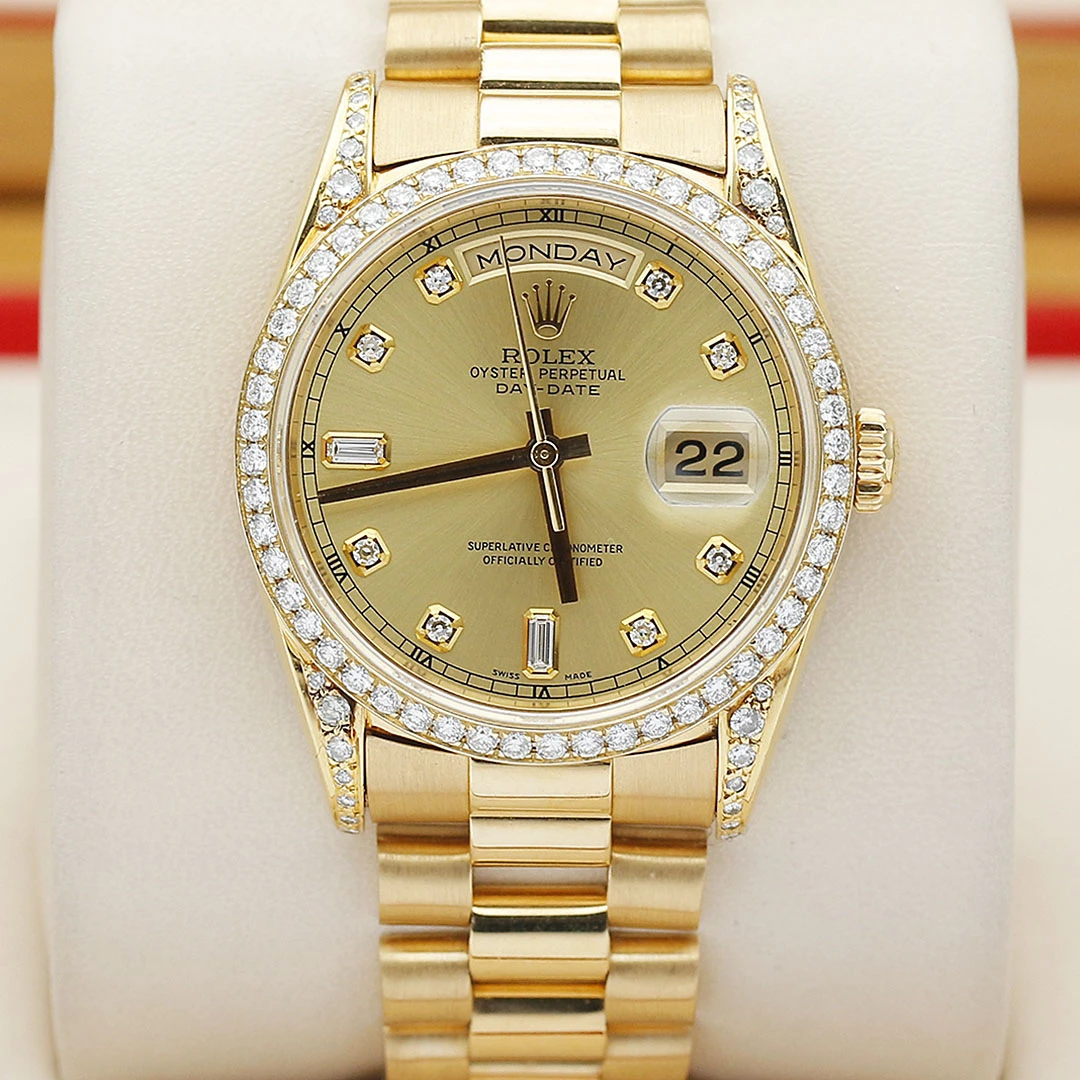 99新 Rolex/劳力士 星期日历型18238/18k黄金/后镶钻/36mm/单表