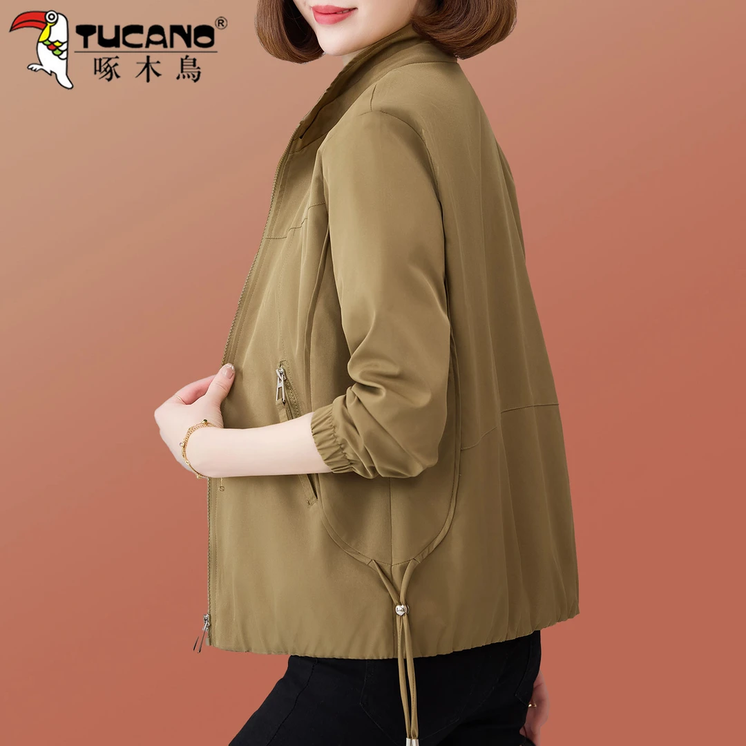 啄木鸟女士休闲短外套春秋2025新款妈妈秋装时尚洋气宽松连帽夹克