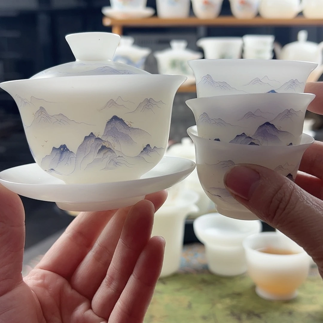 素烧璞玉元宝盖碗170ml+3个反口杯60ml-紫色万里山河