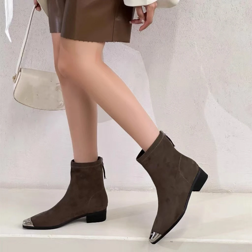 秋冬新款韩版通勤瘦瘦简约粗跟裸靴短靴9363(不加绒)