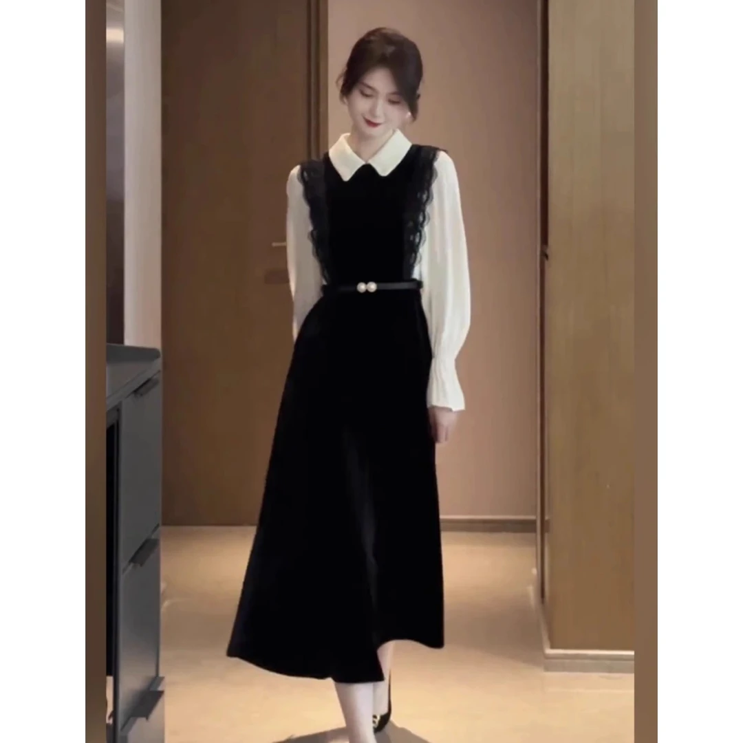 2025春秋女装红人上新轻熟风显瘦高级感假两件连衣裙收腰内搭大衣