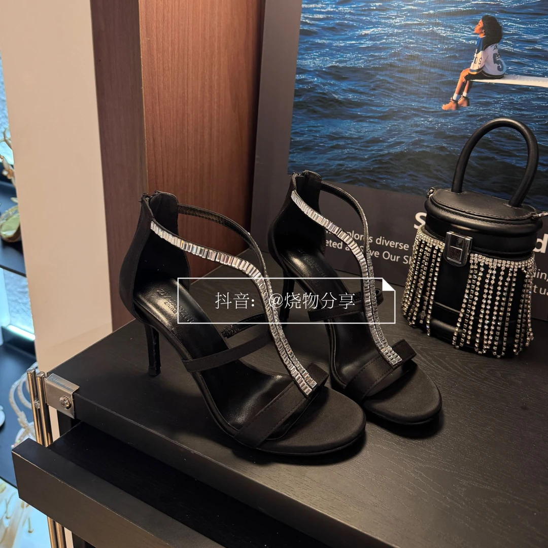 【烧物分享】2025新款夏季罗马风水钻链条名媛圆头黑色高跟凉鞋女
