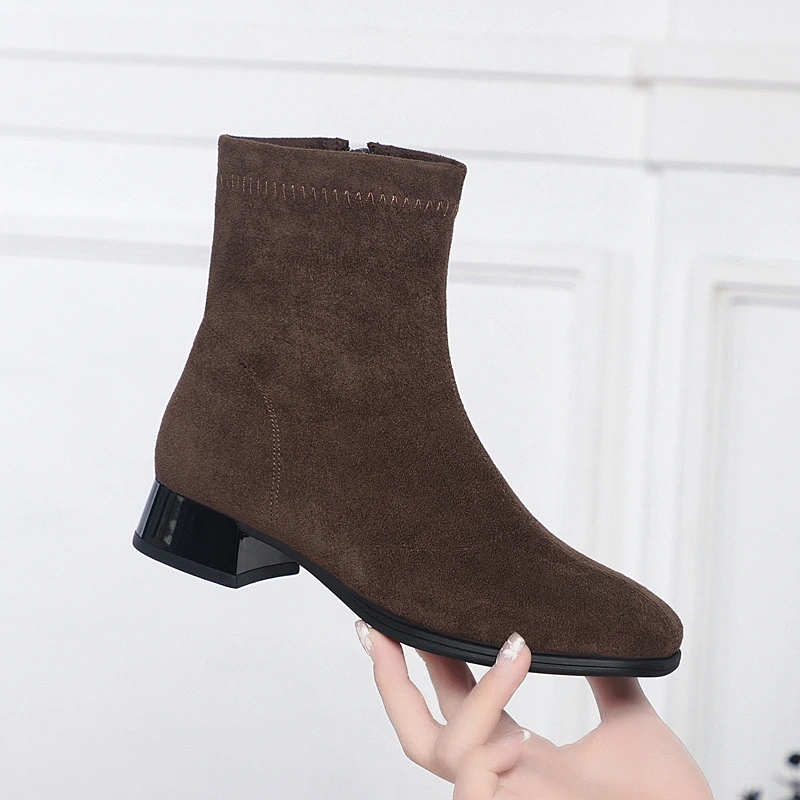 短靴女新款棕色粗跟马丁靴女软皮时尚黑色裸靴春秋单靴高跟瘦瘦靴