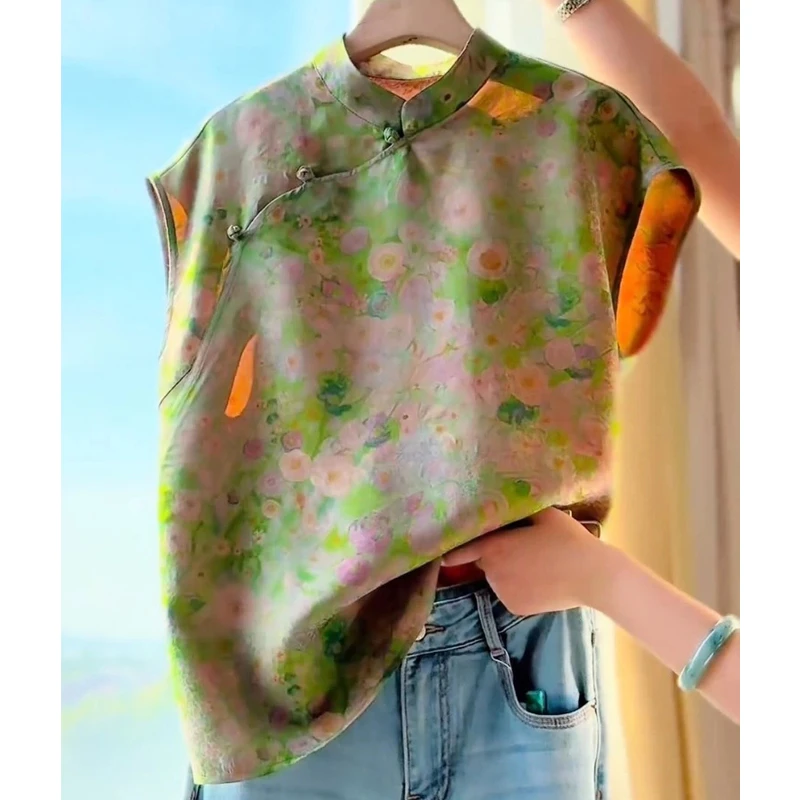 SS1162新中式绿色提花盘扣短袖衬衫国风上衣复古气质改良唐装小衫