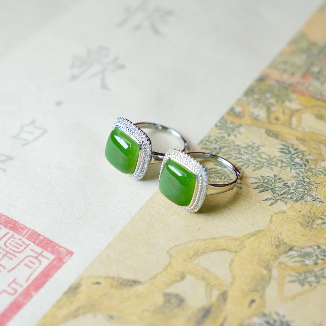 【睿泽赏宝】S925和田玉碧玉方形戒指多样性发一 11*4 KL0040140