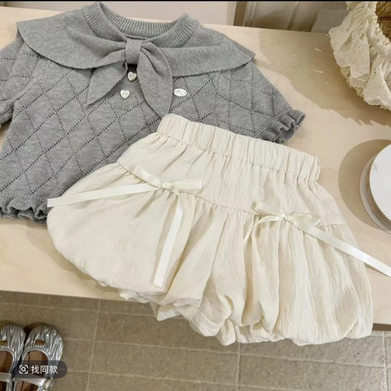 极简风套头女宝韩版百褶纯色时尚裙裤夏季女套装休闲风女孩