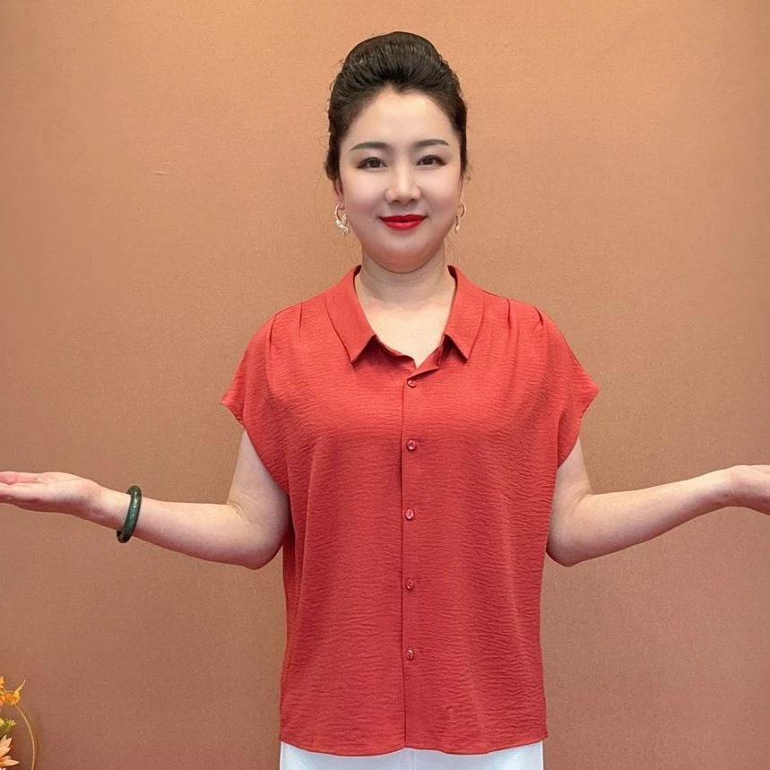 时尚新款短袖2025女士夏季遮肚休闲开衫洋气纯色衬衫上衣