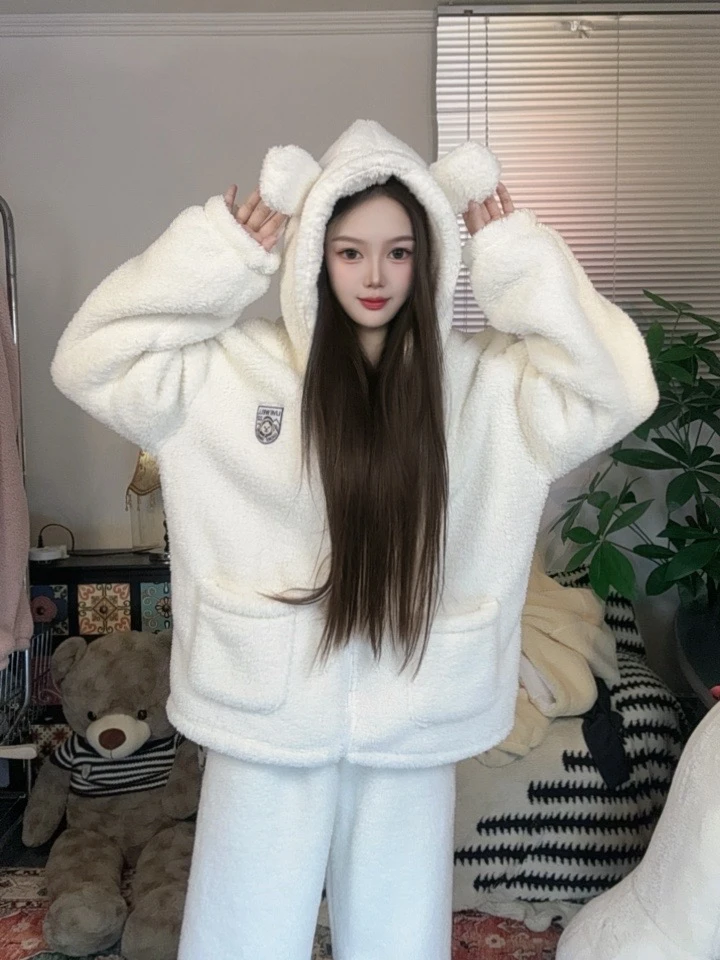 短裙保暖冬季连帽睡衣家居服套装秋冬情侣加厚上衣