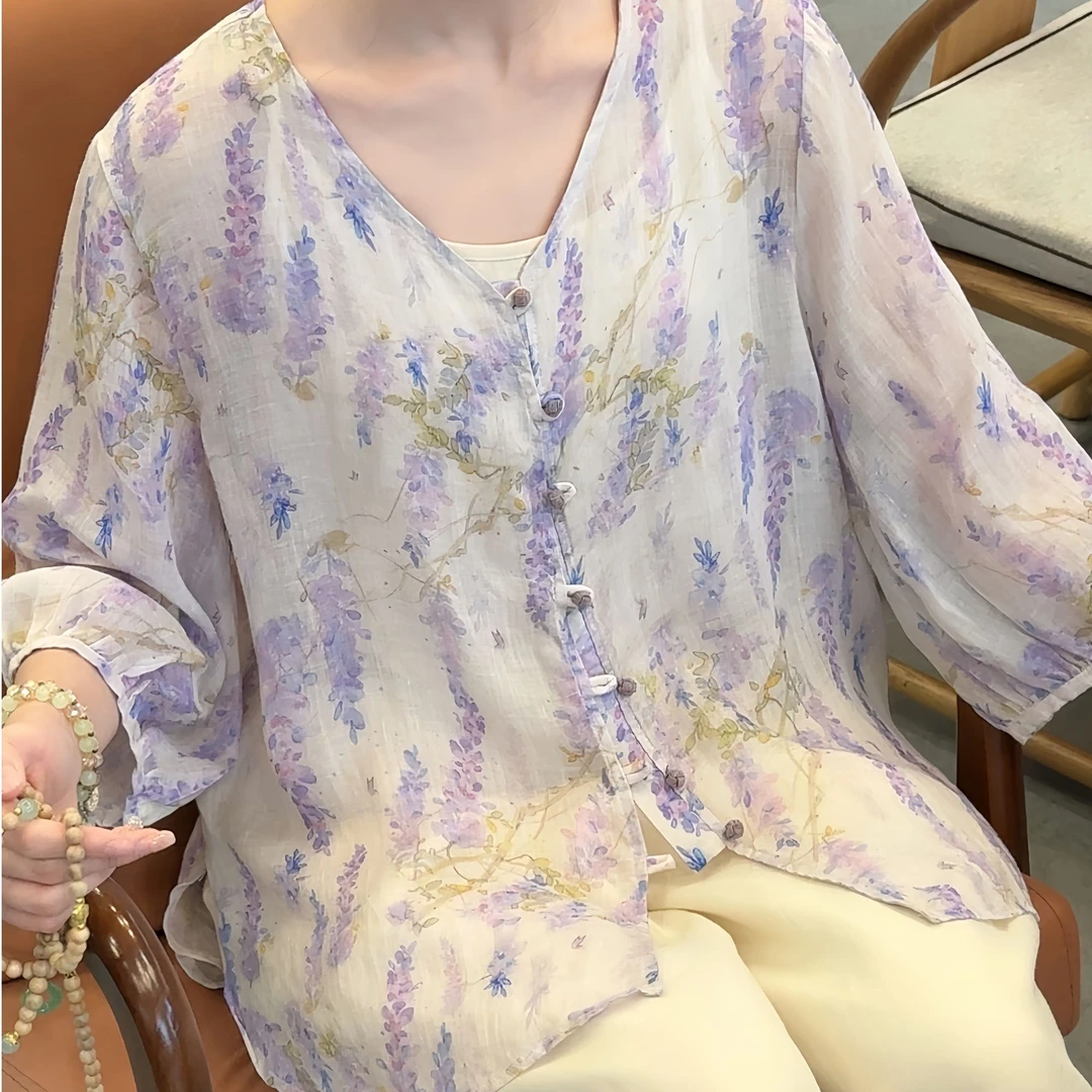 沅曼【紫色小衫】夏季100苎麻中式复古宽松百搭印花开衫国风套装