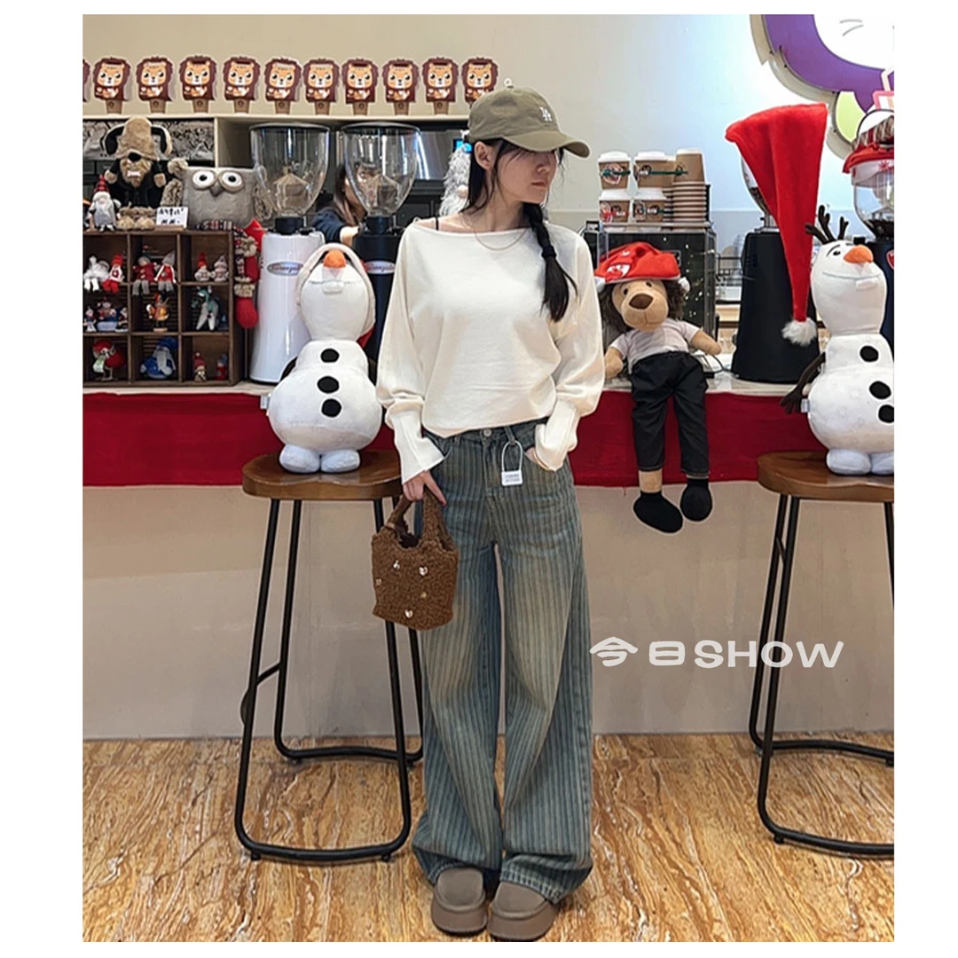 新秋新款美式ins定制提花风复古痞帅风女水洗牛仔阔腿拖地老钱风