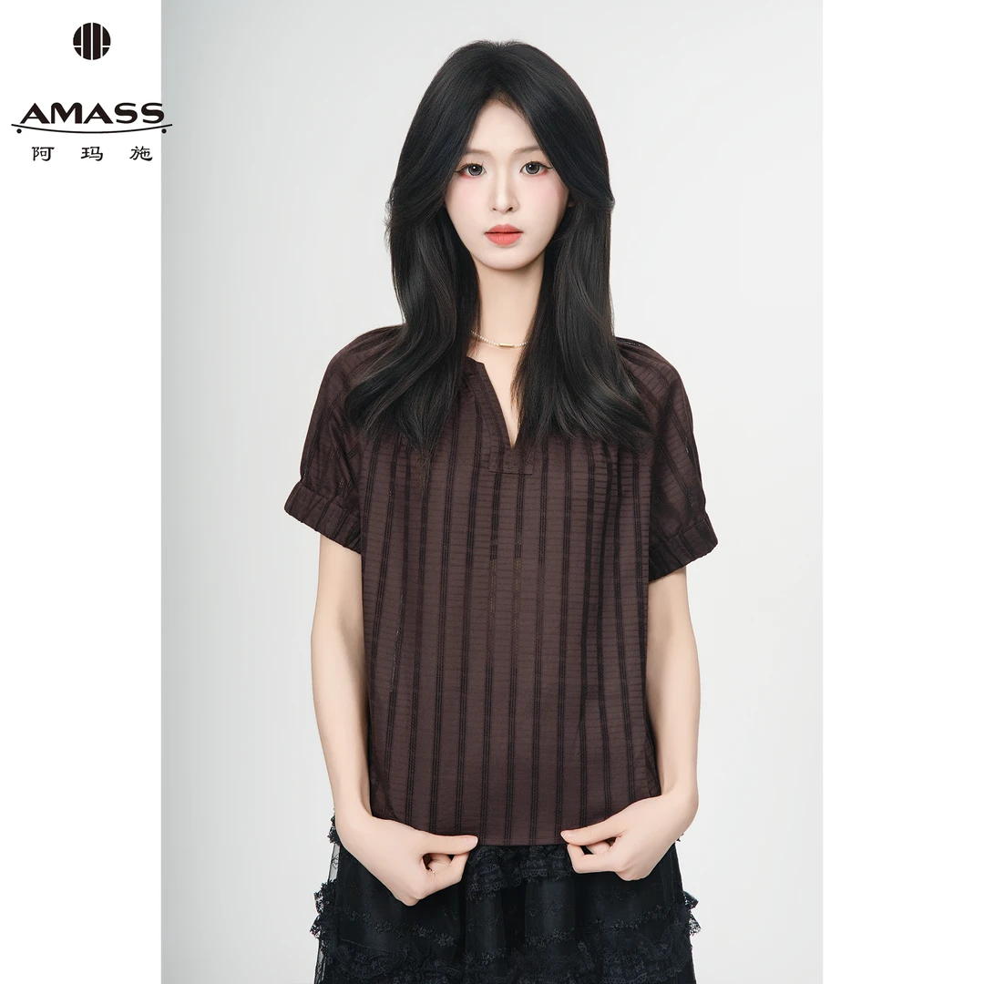 AMASS/阿玛施春夏新款洋气时尚气质半开领条纹套头短袖衬衫530036