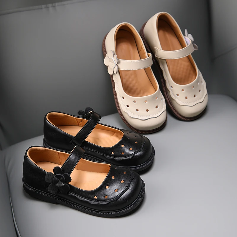 2024新款春秋儿童女童单鞋时尚百搭花朵扣百搭小皮鞋