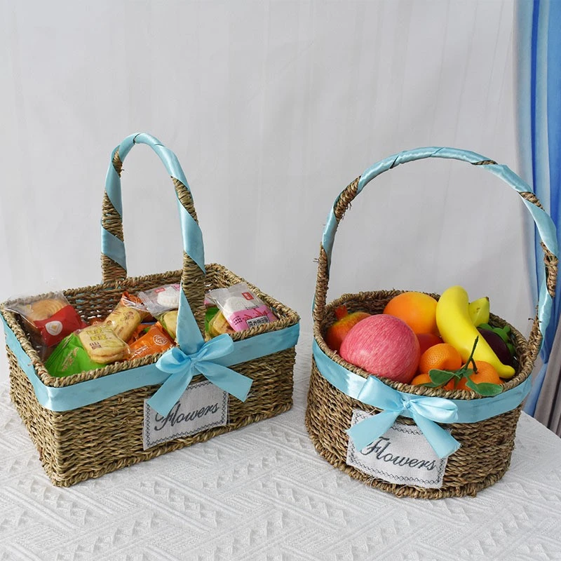 新款手提方形圆形编织篮礼品收纳筐丝带水果篮零食鲜花篮野餐篮子